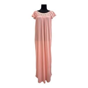 Vintage Pink Nightgown Nylon Lace Trim Short Sleeve Size M